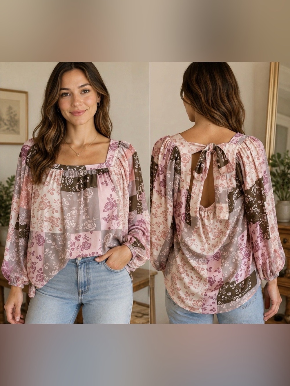 Andrée by Unit Floral Patchwork Peasant Blouse Size Small Cottagecore Boho